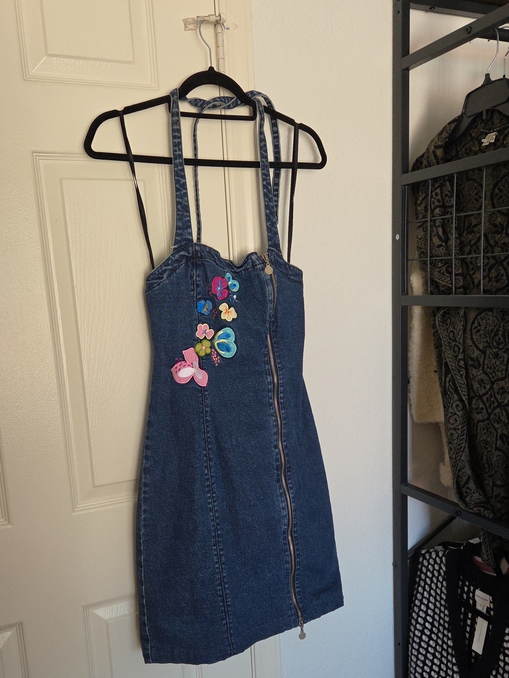 Thalia Sodi Denim Mini Dress with Colorful Floral Appliques Size 4